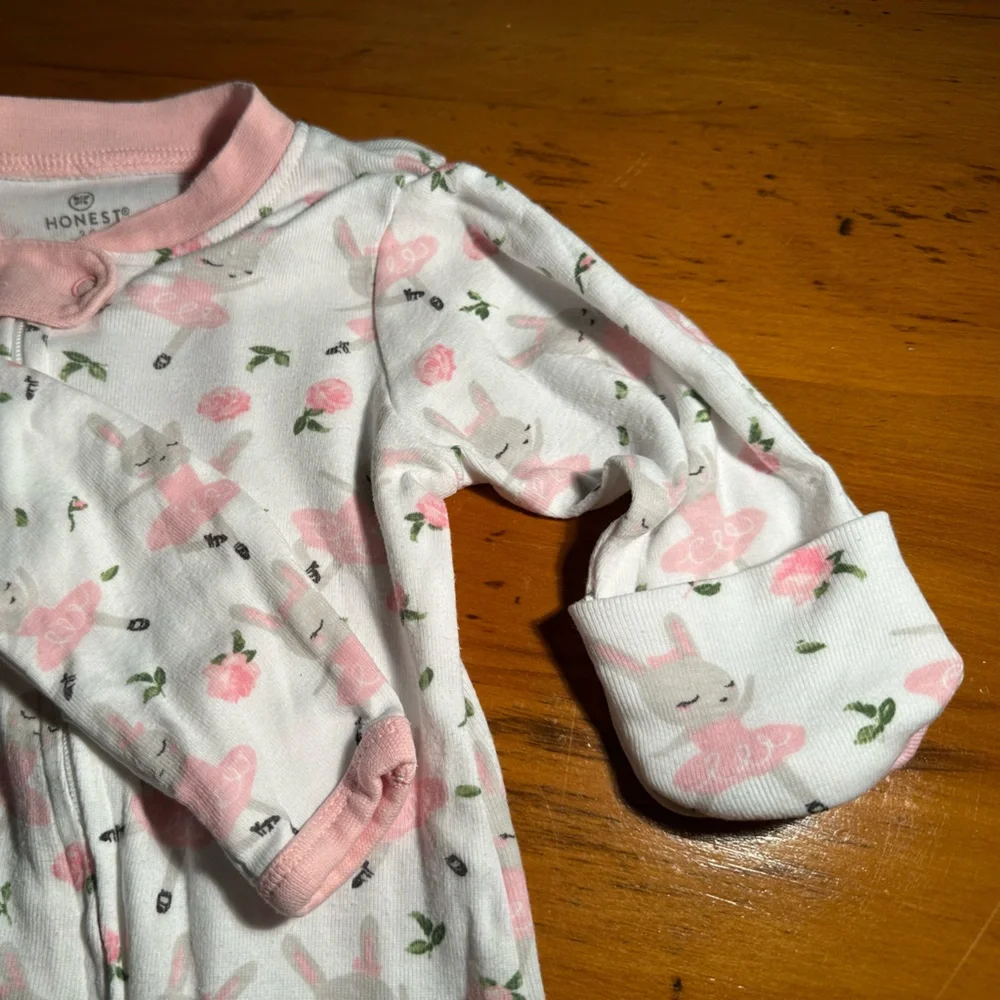 Honest Organic Cotton Gray Ballerina Bunnies Pink Roses Adorable Sweet ~3-6 Mos.